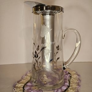 Mid-Century Chill-It Etched Glass Beverage Barware Cocktail Covered Pitcher 11"